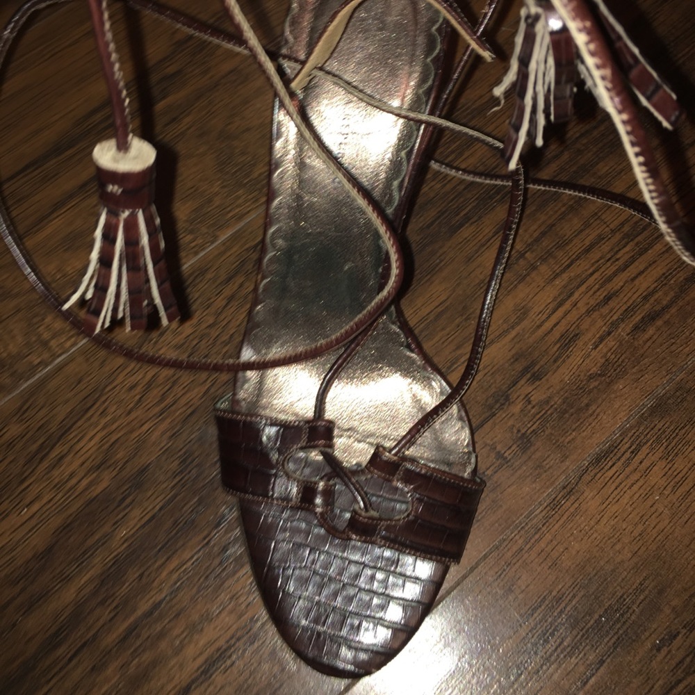 Brown leather lace up heels